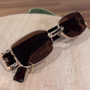 Y2K Slim Rectangle Sunglasses Edgy 00’s Brown Gold Piercing Charm Hoop Narrow